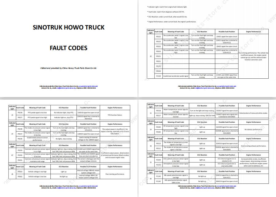 Sinotruk Howo Fault Codes.